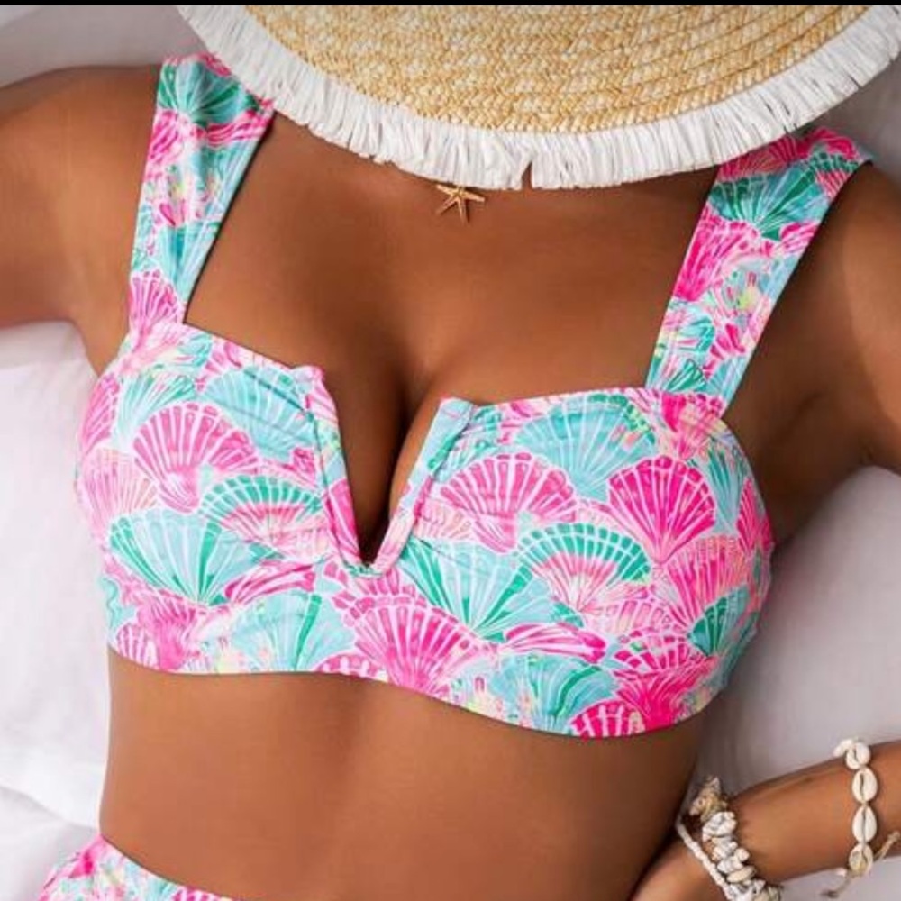 Colorful Seashell Print Bikini Top V Cut Pink Blue large